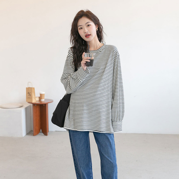 Μαιευτική ριγέ μπλούζα με στρογγυλό γιακά, μακριά μανίκια, φαρδιά γραμμή, 70–80% βαμβάκι, ιαπωνο-κορεατικό στυλ χαλάρωσης