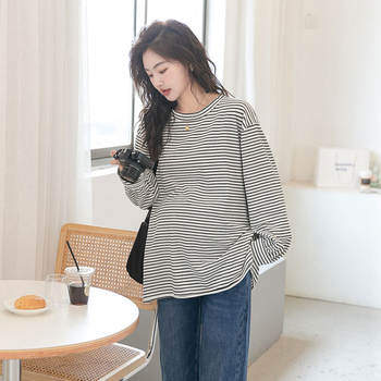 Μαιευτική ριγέ μπλούζα με στρογγυλό γιακά, μακριά μανίκια, φαρδιά γραμμή, 70–80% βαμβάκι, ιαπωνο-κορεατικό στυλ χαλάρωσης