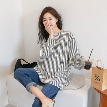 Μαιευτική ριγέ μπλούζα με στρογγυλό γιακά, μακριά μανίκια, φαρδιά γραμμή, 70–80% βαμβάκι, ιαπωνο-κορεατικό στυλ χαλάρωσης