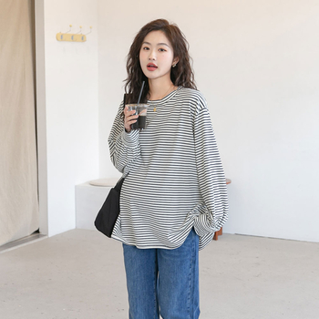 Μαιευτική ριγέ μπλούζα με στρογγυλό γιακά, μακριά μανίκια, φαρδιά γραμμή, 70–80% βαμβάκι, ιαπωνο-κορεατικό στυλ χαλάρωσης