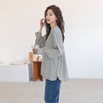 Μαιευτική ριγέ μπλούζα με στρογγυλό γιακά, μακριά μανίκια, φαρδιά γραμμή, 70–80% βαμβάκι, ιαπωνο-κορεατικό στυλ χαλάρωσης
