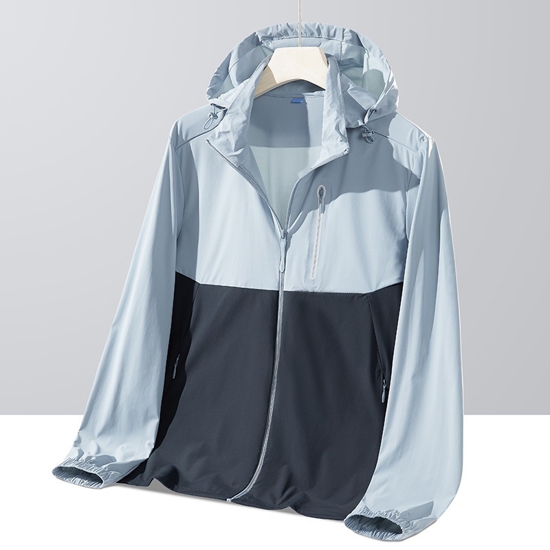 Vonkajšia windbreaker, blokový dizajn, UPF50+ ochrana proti slnku, nylonový materiál, kapucňa