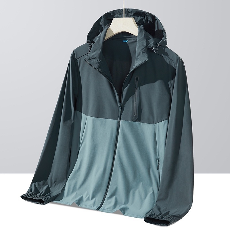 Vonkajšia windbreaker, blokový dizajn, UPF50+ ochrana proti slnku, nylonový materiál, kapucňa