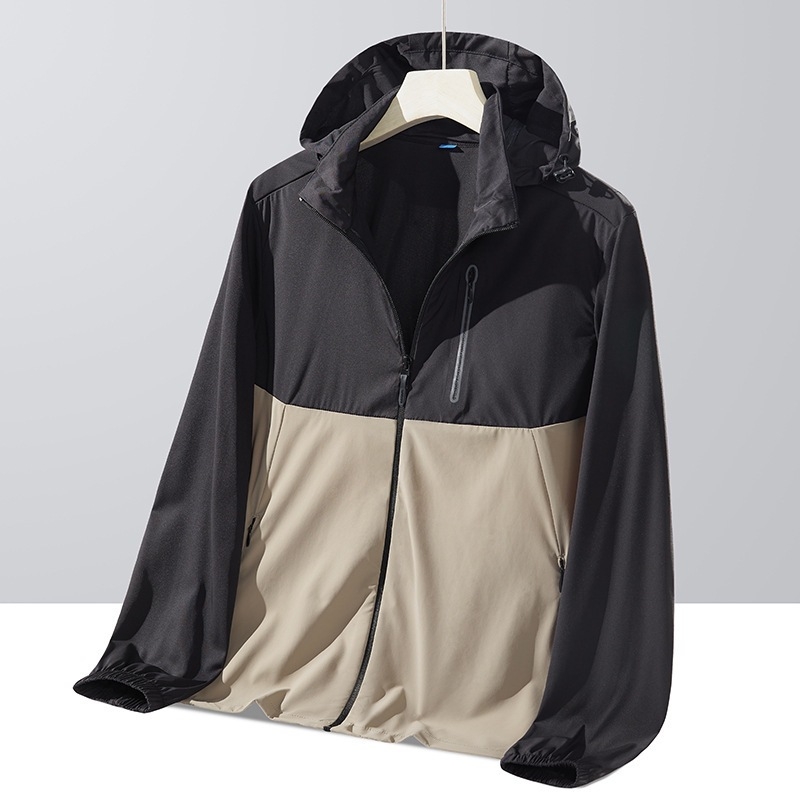Vonkajšia windbreaker, blokový dizajn, UPF50+ ochrana proti slnku, nylonový materiál, kapucňa