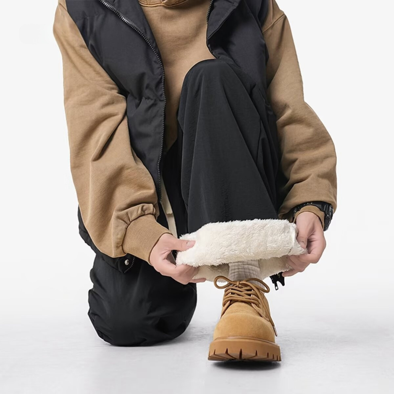 Ανδρικοί χειμερινοί casual παντελόνες σε ιαπωνικό στυλ, με φλίς επένδυση, χαλαρή εφαρμογή, μεσαίο ύψος μέσης, ίσια γραμμή