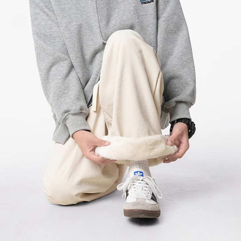 Ανδρικοί χειμερινοί casual παντελόνες σε ιαπωνικό στυλ, με φλίς επένδυση, χαλαρή εφαρμογή, μεσαίο ύψος μέσης, ίσια γραμμή