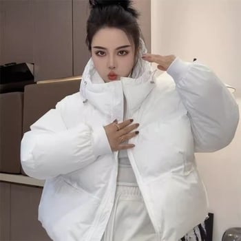 Moteriška pūkinė medvilninė striukė, 2025 m. žiemos, naujo stiliaus, universali, laisvo kirpimo, aptempta, su gobtuvu, pūkinė striukė, stora medvilninė striukė