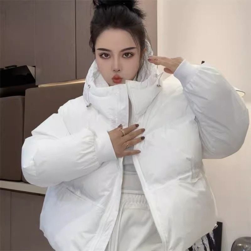 Moteriška pūkinė medvilninė striukė, 2025 m. žiemos, naujo stiliaus, universali, laisvo kirpimo, aptempta, su gobtuvu, pūkinė striukė, stora medvilninė striukė