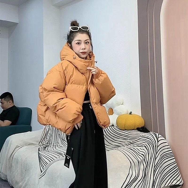 Moteriška pūkinė medvilninė striukė, 2025 m. žiemos, naujo stiliaus, universali, laisvo kirpimo, aptempta, su gobtuvu, pūkinė striukė, stora medvilninė striukė