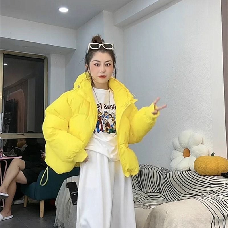 Дамско пухено памучно яке, зима 2025, нов стил, универсално, свободна кройка, стягащо, с качулка, пухено яке, дебело памучно яке