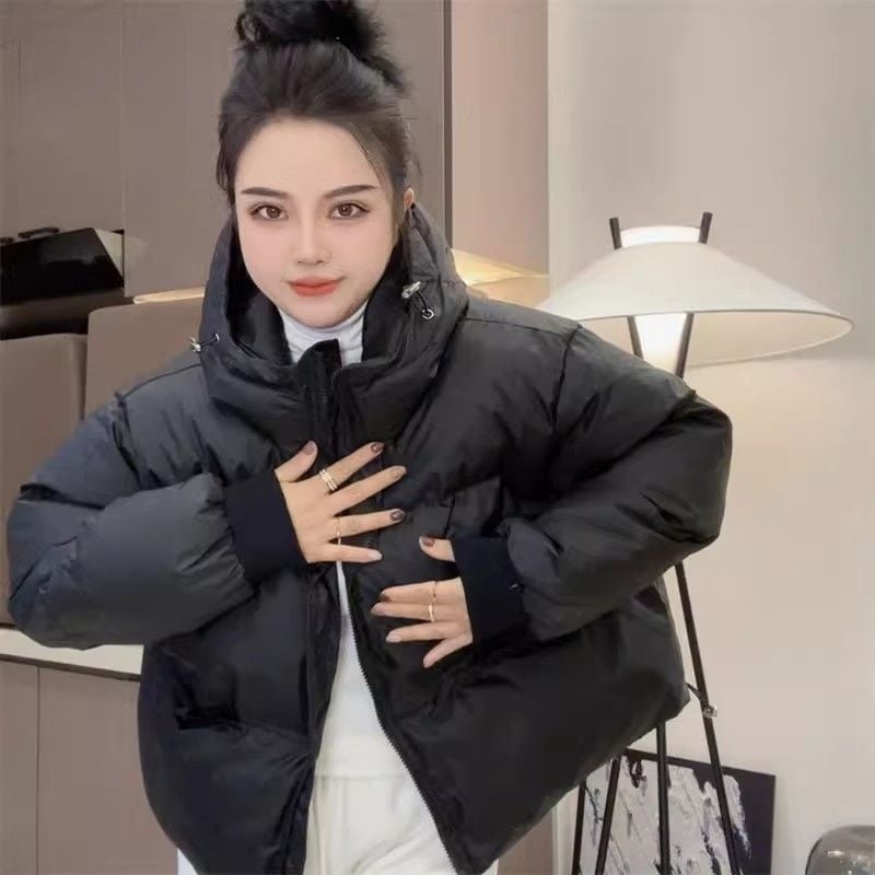 Moteriška pūkinė medvilninė striukė, 2025 m. žiemos, naujo stiliaus, universali, laisvo kirpimo, aptempta, su gobtuvu, pūkinė striukė, stora medvilninė striukė