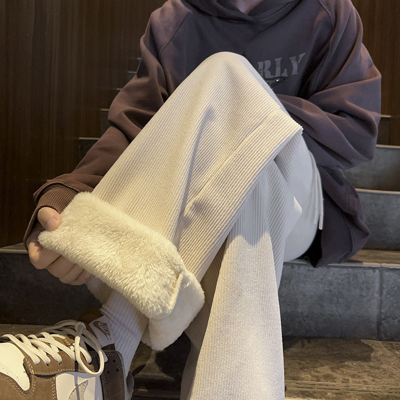 Muške svakodnevne zimske hlače s fleece podstavom, poliester 100%, srednji pojas, opušten kroj, ravne nogavice