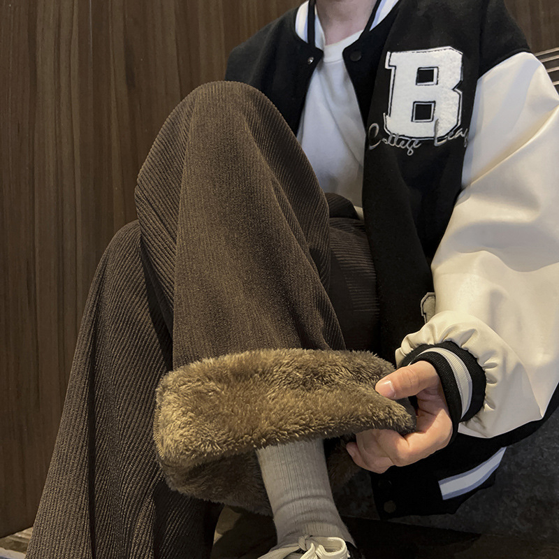 Muške svakodnevne zimske hlače s fleece podstavom, poliester 100%, srednji pojas, opušten kroj, ravne nogavice