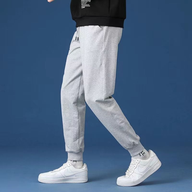 Férfi pamut sportnadrág fleece-beleölt, szűkített szabás, középmagas derék, koreai stílus, edzéshez