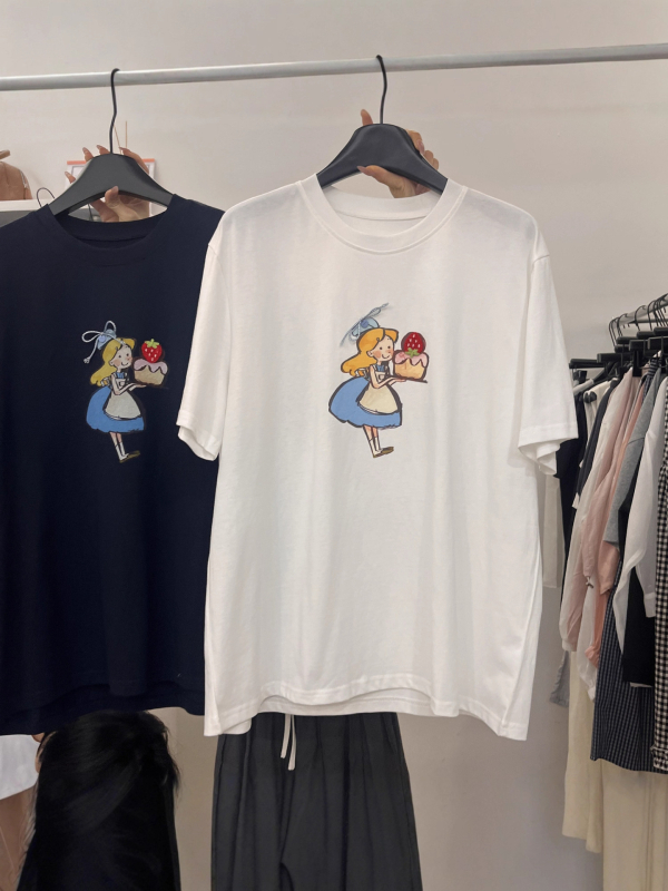 Pamuk majica kratkih rukava s printom anime crteža, ležernog kroja, okrugli izrez, srednja duljina, japansko-korejski casual stil