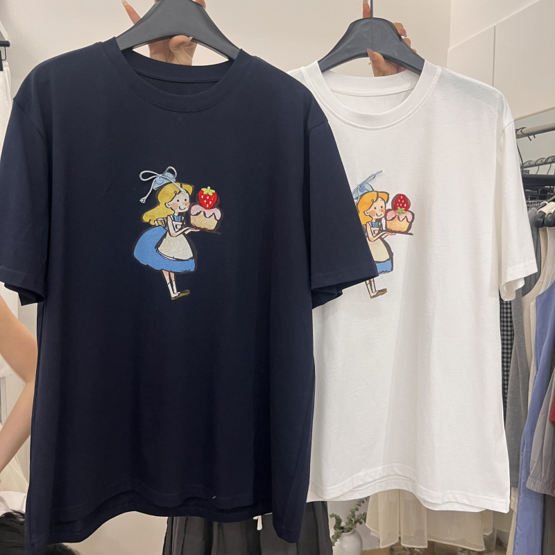 Pamuk majica kratkih rukava s printom anime crteža, ležernog kroja, okrugli izrez, srednja duljina, japansko-korejski casual stil