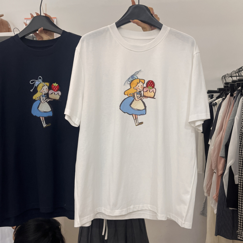 Pamuk majica kratkih rukava s printom anime crteža, ležernog kroja, okrugli izrez, srednja duljina, japansko-korejski casual stil