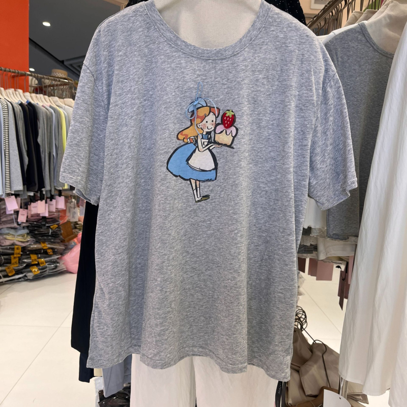 Pamuk majica kratkih rukava s printom anime crteža, ležernog kroja, okrugli izrez, srednja duljina, japansko-korejski casual stil