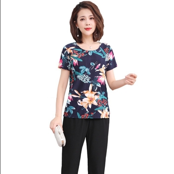 Plus veličina ljetni dvodijelni set: kratkih rukava T-Shirt od Ice Silk u Milk Silk tkanini, stil za starije žene