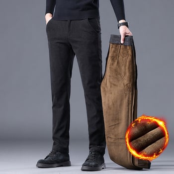 Corduroy fleece podšité nohavice pre mužov, business casual, rovný strih, stredný pás, zips, zimná teplota