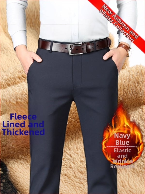 Pánske zimné nohavice business casual s fleecovým podšitím – rovný strih, vysoký pás, zips, viac vreciek, polyesterová zmes.
