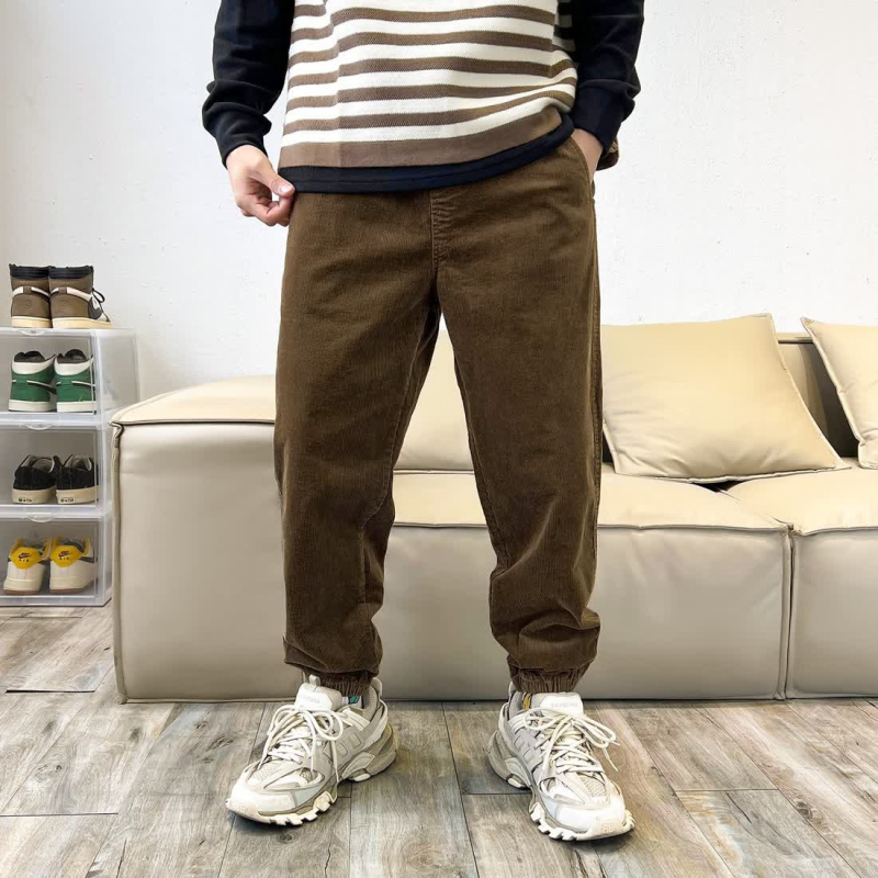 Muške jogger hlače od corduroy s fleece unutrašnjom, slobodan kroj, srednji pojas, zatvaranje vezicom, proljeće–jesen, casual cargo