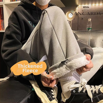 Meeste vaffel muster Sherpa voodriga sportpüksid – vaba lõige, kõrge vöökoht, talv 2024, igapäevane mugav kandmiseks