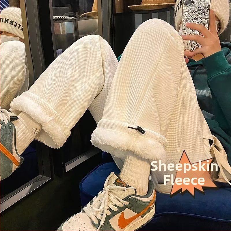 Meeste vaffel muster Sherpa voodriga sportpüksid – vaba lõige, kõrge vöökoht, talv 2024, igapäevane mugav kandmiseks