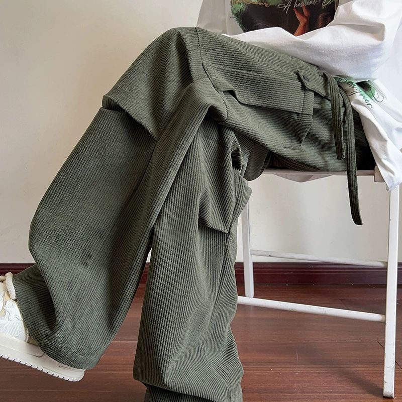 Casual hlače od corduroya, stil Hong Kong, slobodan kroj s ravnim nogavicama, duljina do poda, debele