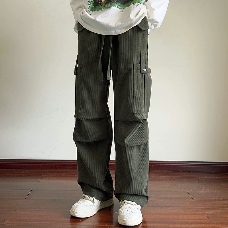 Casual hlače od corduroya, stil Hong Kong, slobodan kroj s ravnim nogavicama, duljina do poda, debele