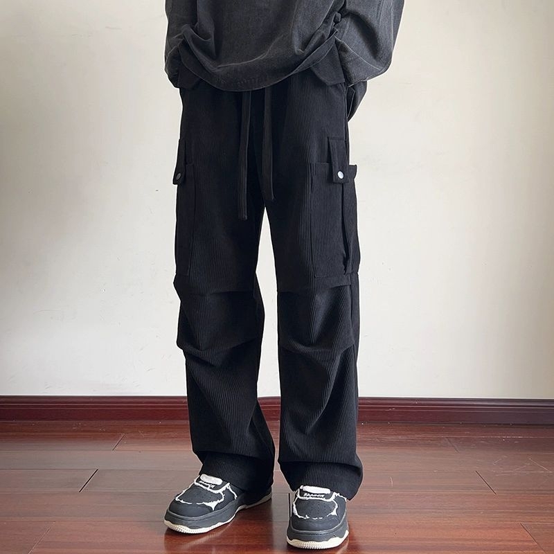 Casual hlače od corduroya, stil Hong Kong, slobodan kroj s ravnim nogavicama, duljina do poda, debele
