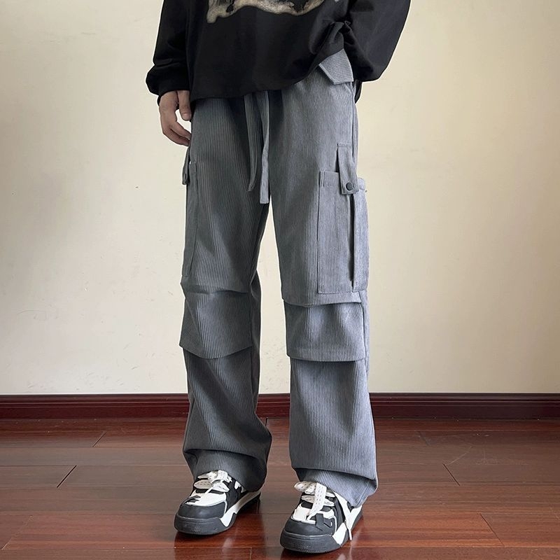 Casual hlače od corduroya, stil Hong Kong, slobodan kroj s ravnim nogavicama, duljina do poda, debele