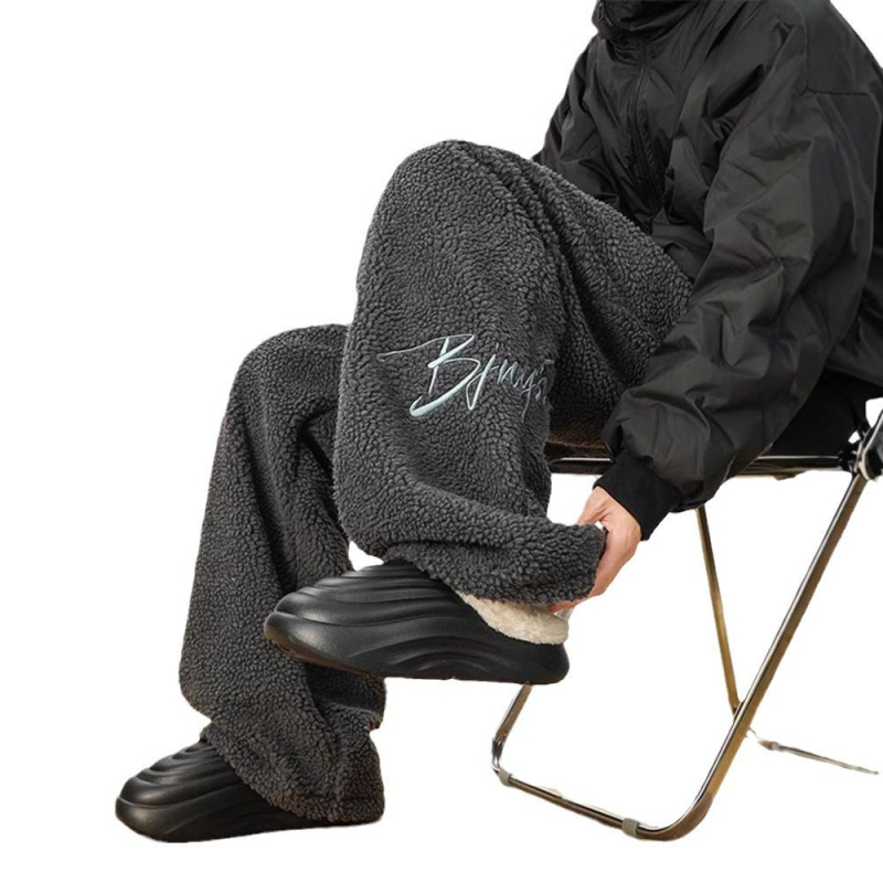 Pantaloni pentru bărbați, stil coreean, velur de miel brodat, drepti, talie înaltă, microelasticitate, model cu litere