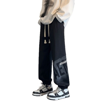 Muške fleece sportske hlače, slobodan kroj, pojas s vezicom, print s tekstom, poliester