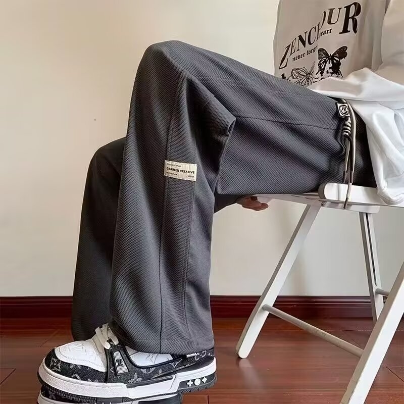 Muške casual hlače od tkanine waffle, slobodnog kroja, fleece podstava, srednji pojas, ravne nogavice, hongkonški stil