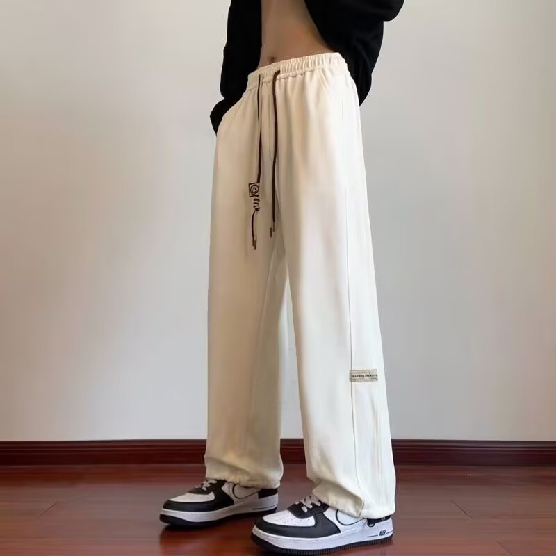 Muške casual hlače od tkanine waffle, slobodnog kroja, fleece podstava, srednji pojas, ravne nogavice, hongkonški stil