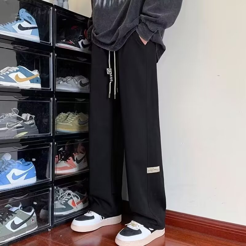 Muške casual hlače od tkanine waffle, slobodnog kroja, fleece podstava, srednji pojas, ravne nogavice, hongkonški stil