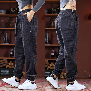 Muške casual hlače s flis podstavom, jesen 2025, mrežasti uzorak (poliester; srednji pojas; vezanje; dužina do gležnja; debeli)