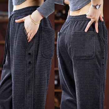 Muške casual hlače s flis podstavom, jesen 2025, mrežasti uzorak (poliester; srednji pojas; vezanje; dužina do gležnja; debeli)