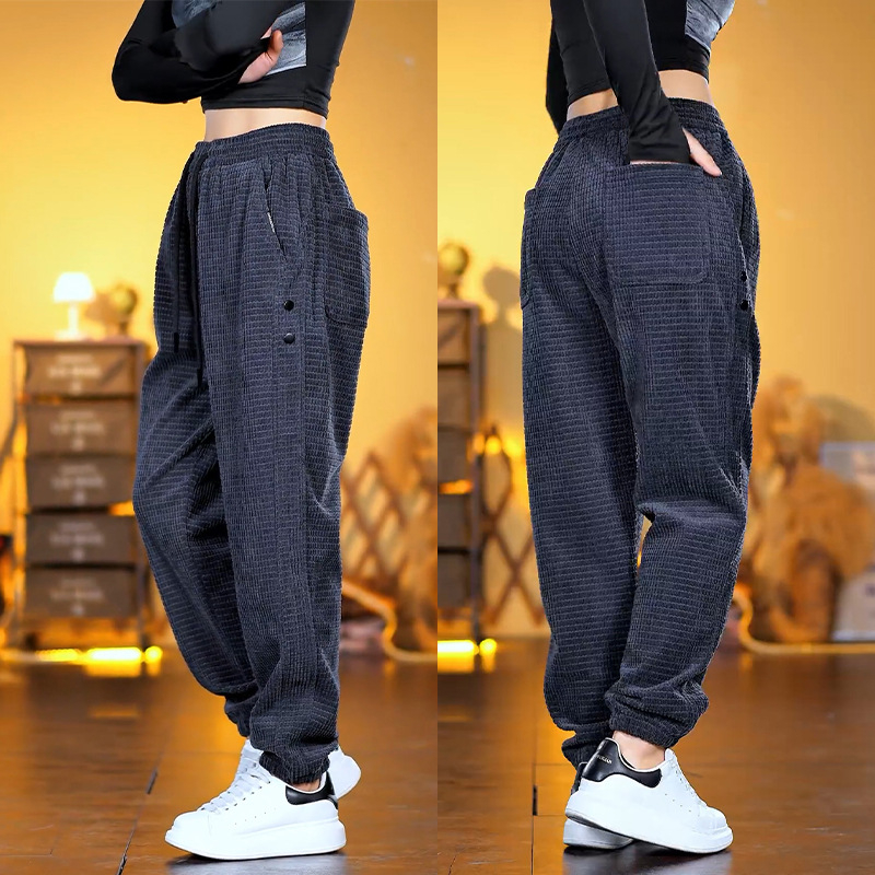 Muške casual hlače s flis podstavom, jesen 2025, mrežasti uzorak (poliester; srednji pojas; vezanje; dužina do gležnja; debeli)