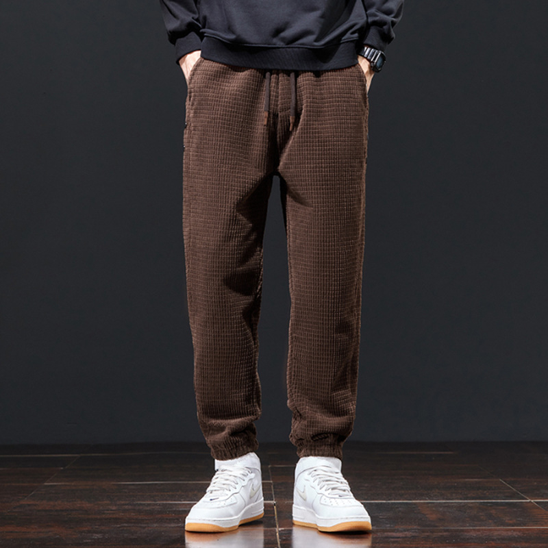 Muške casual hlače s flis podstavom, jesen 2025, mrežasti uzorak (poliester; srednji pojas; vezanje; dužina do gležnja; debeli)