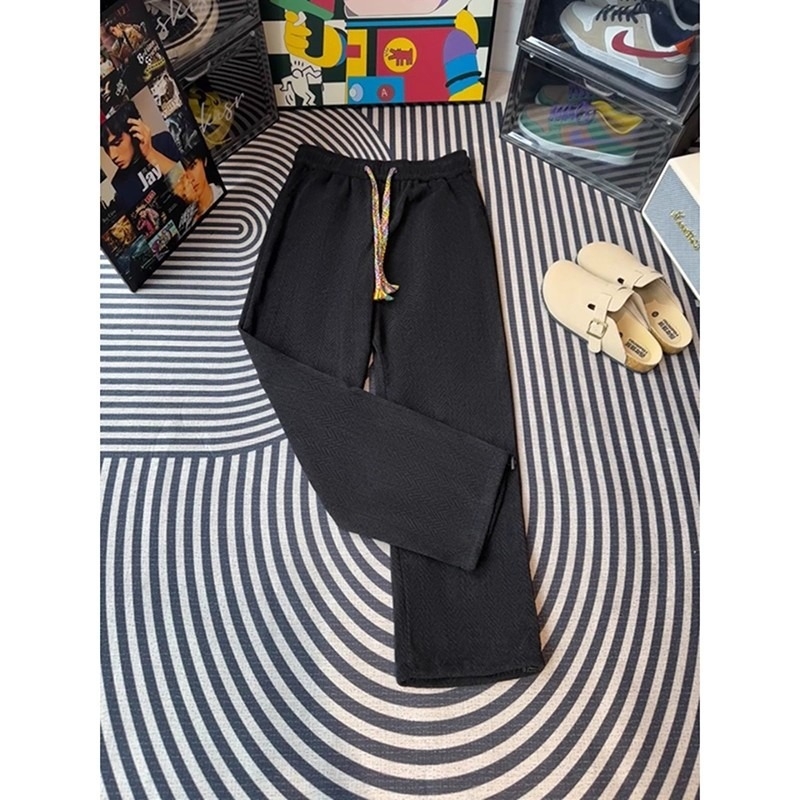 Pantaloni sport bărbați cu căptușeală de fleece, croială dreaptă, cu curea, stil Hong Kong