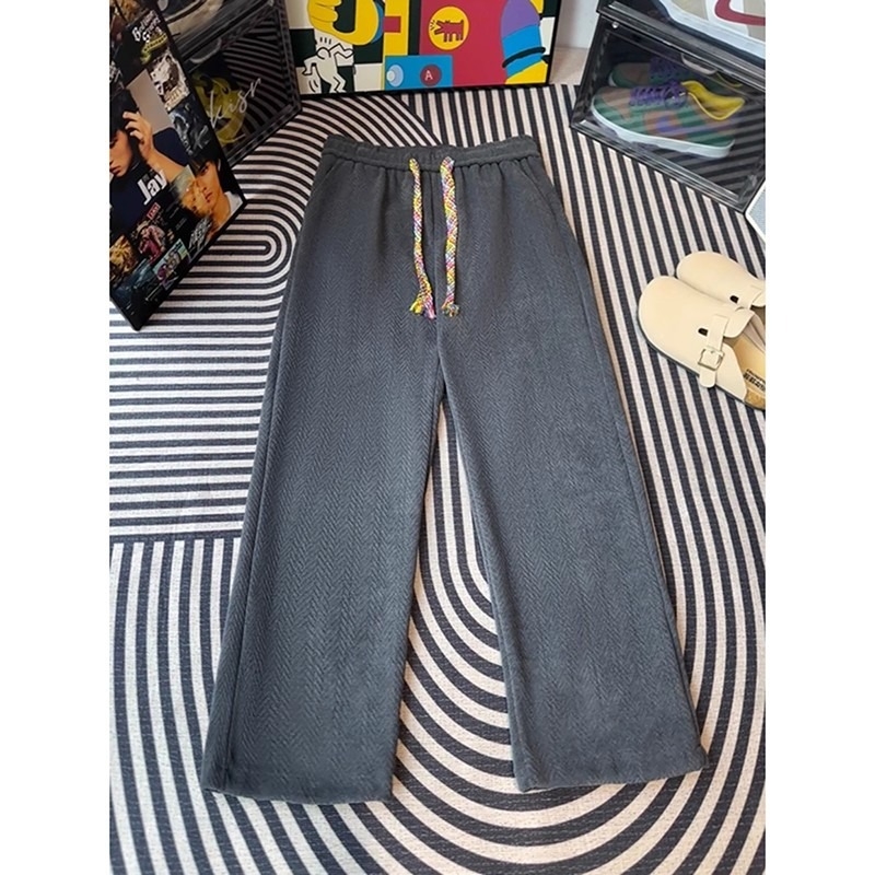 Pantaloni sport bărbați cu căptușeală de fleece, croială dreaptă, cu curea, stil Hong Kong