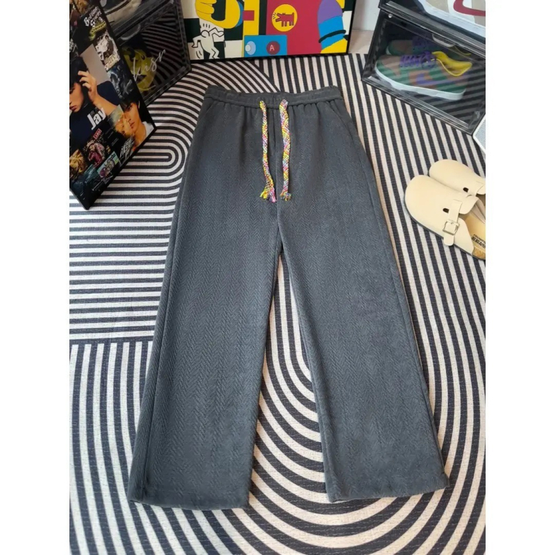 Pantaloni sport bărbați cu căptușeală de fleece, croială dreaptă, cu curea, stil Hong Kong