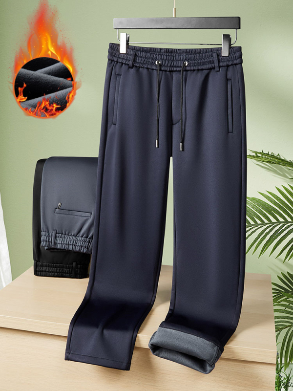 Pantaloni de bărbați cu căptușeală de fleece, țesătură elastică, talie înaltă, croială lejeră, stil casual sport
