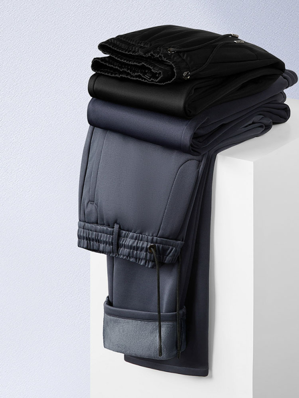 Pantaloni de bărbați cu căptușeală de fleece, țesătură elastică, talie înaltă, croială lejeră, stil casual sport