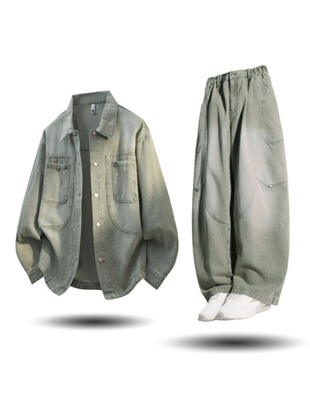 Muški denim set, dva dijela, plus veličina, jesen 2025, s pranjem u gradientu, retro rever