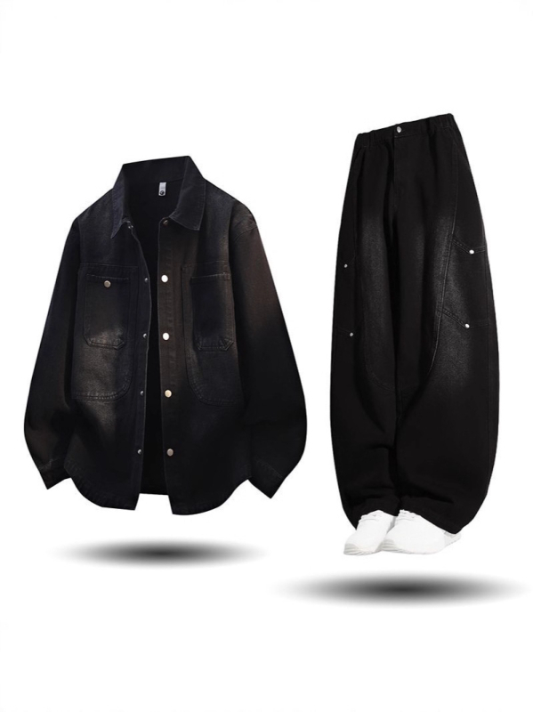 Muški denim set, dva dijela, plus veličina, jesen 2025, s pranjem u gradientu, retro rever