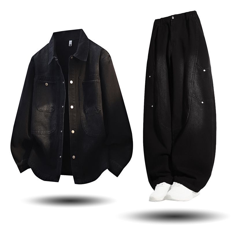 Muški denim set, dva dijela, plus veličina, jesen 2025, s pranjem u gradientu, retro rever