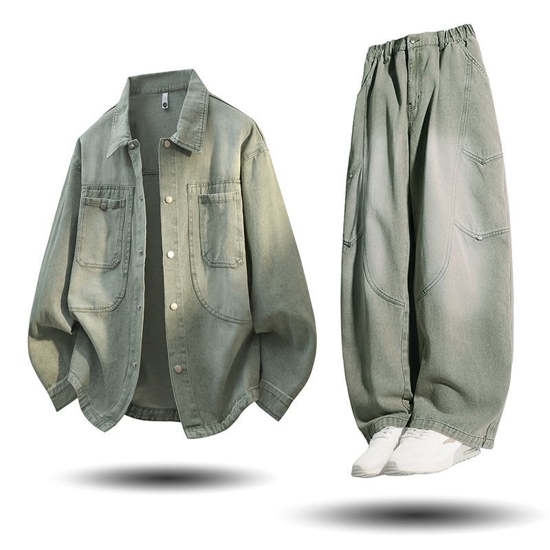 Muški denim set, dva dijela, plus veličina, jesen 2025, s pranjem u gradientu, retro rever